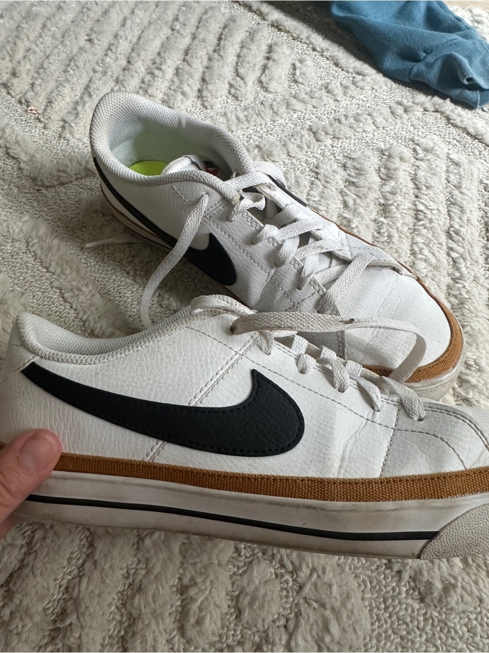 Nike White Sneakers with Black Swoosh and Brown Trim